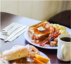 Two plates of breakfast on table